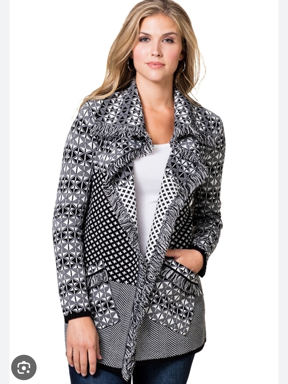 Leo & Nicole Black and White Jacquard Patterned Fringe Cardigan Size L